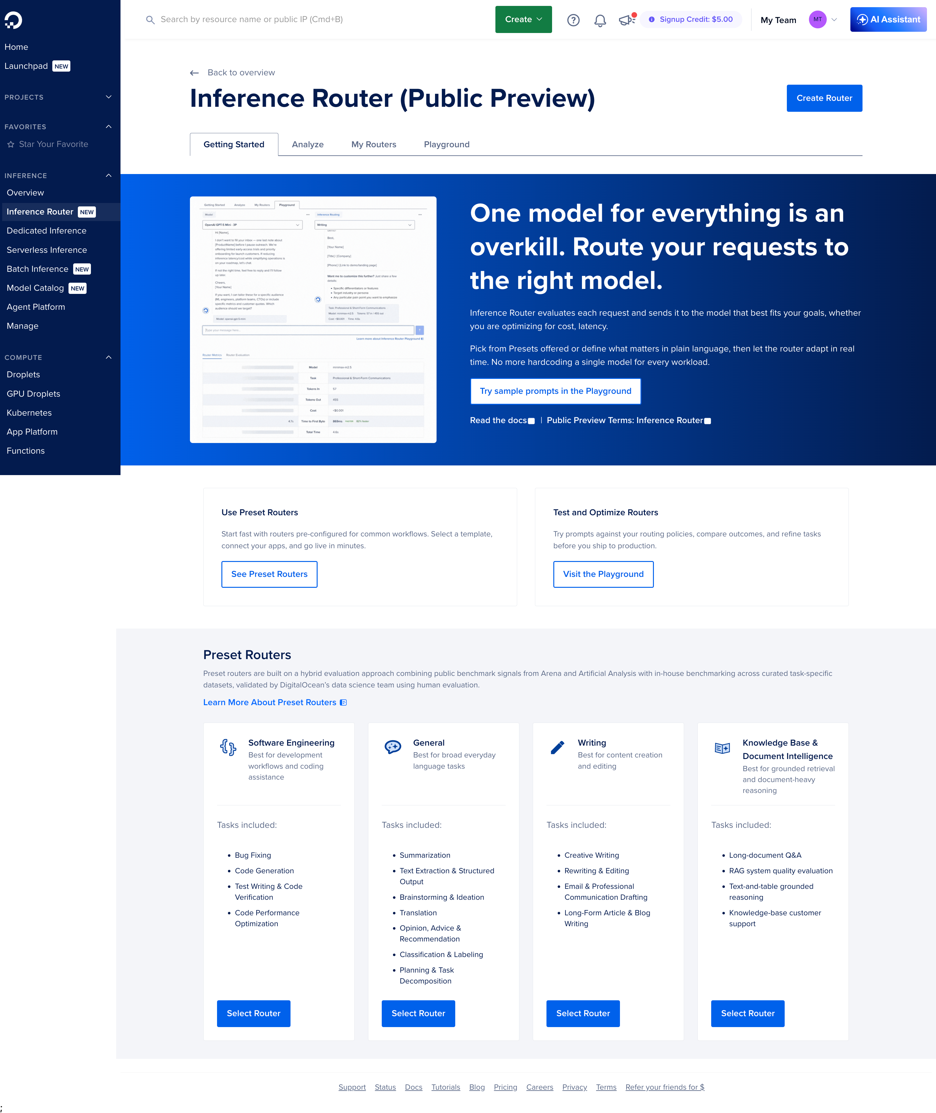 Getting Started hero and preset router catalog