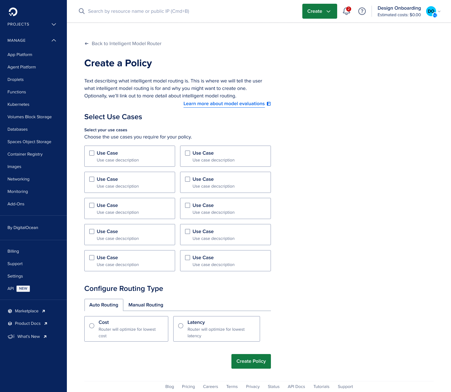 Earlier iteration of the Create Router screen