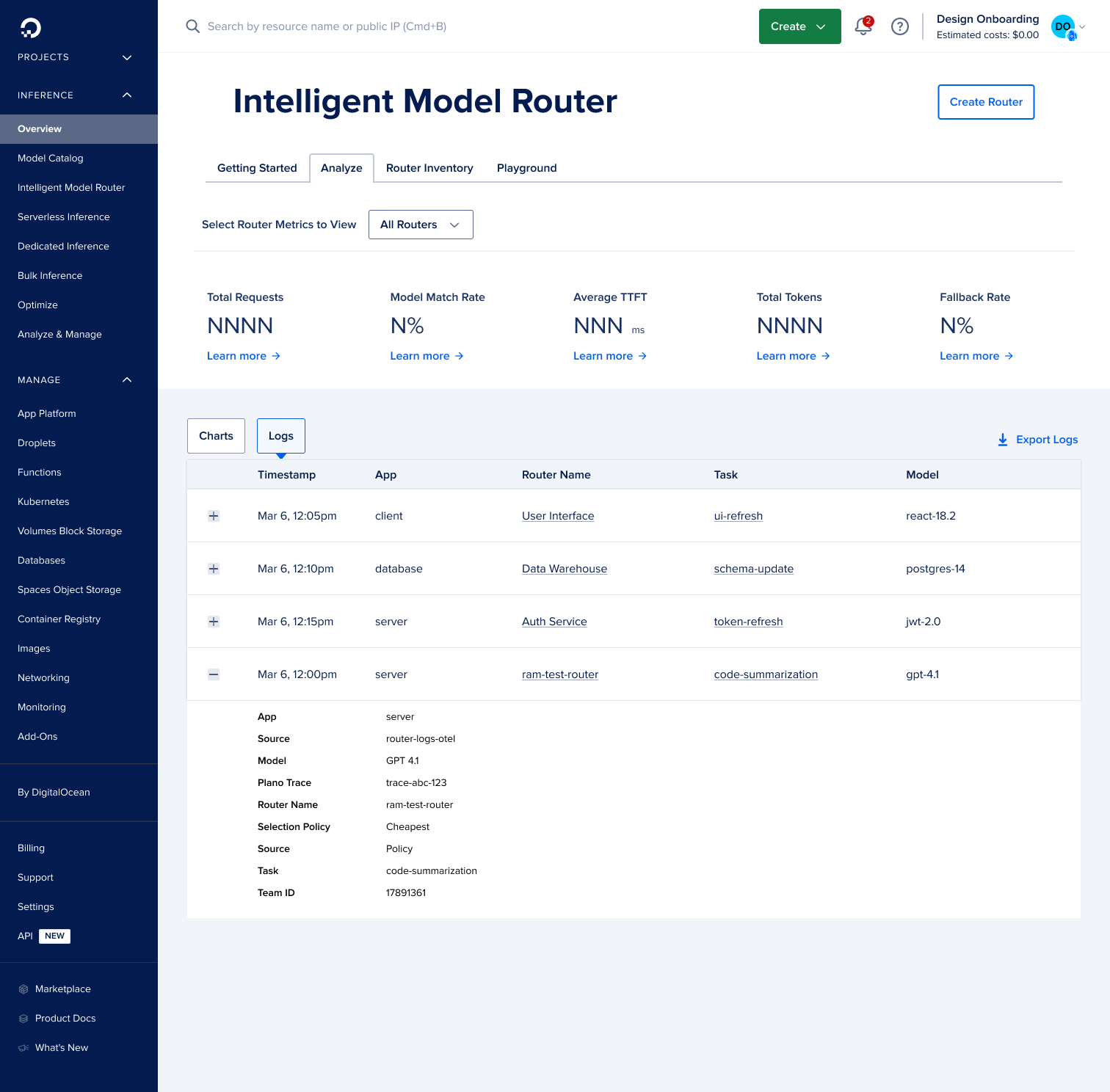 Router logs — filterable by router and time range with per-request routing detail