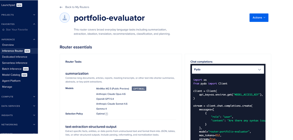 Router detail view showing tasks, models, and API snippet