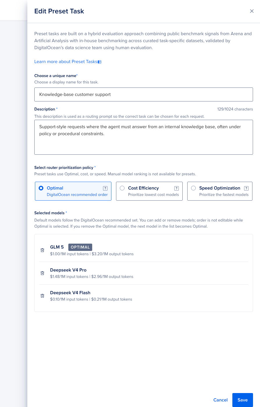 Edit Preset Task modal — name, description, policy, and model pool