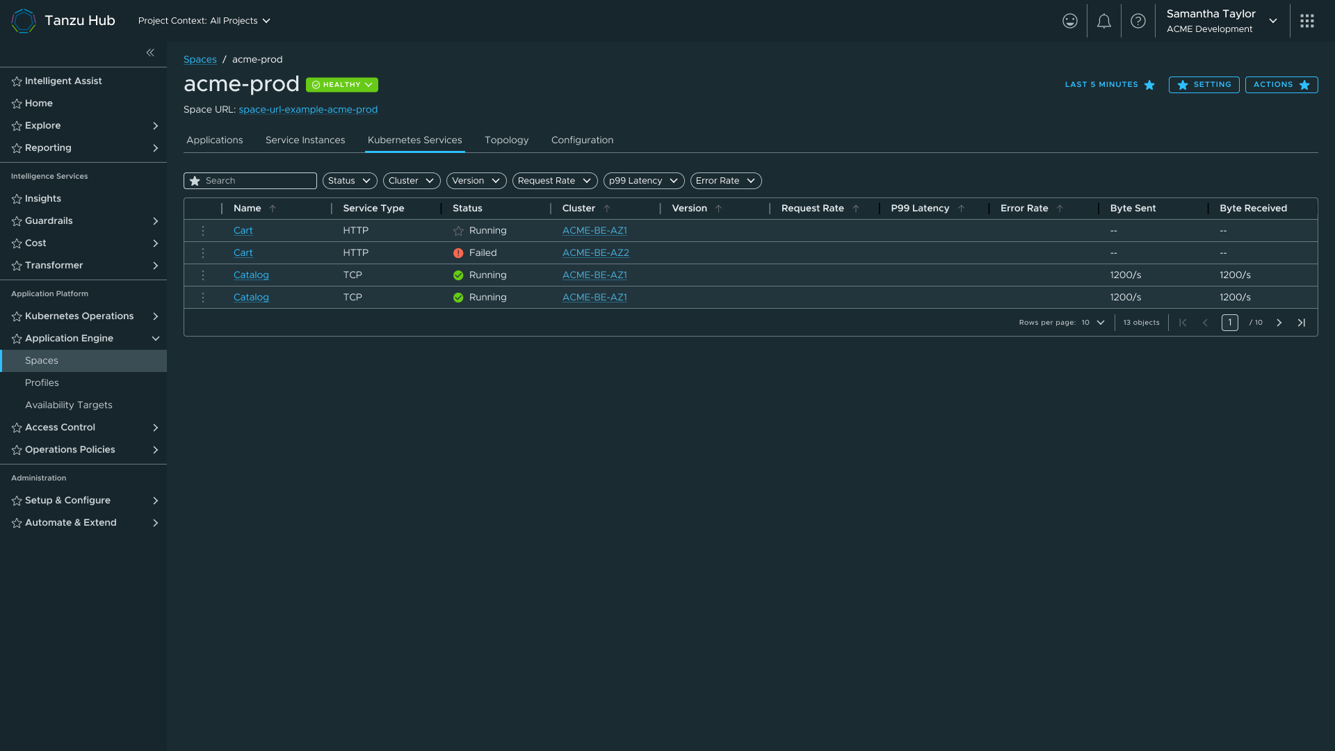 Pillters pattern in use within Tanzu Hub