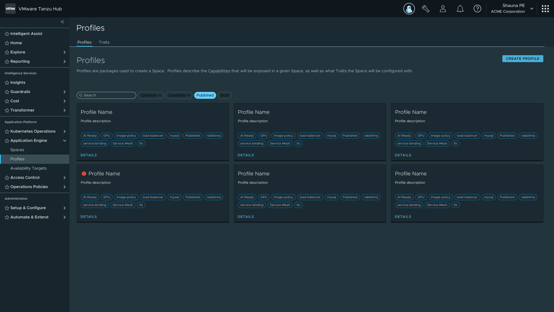 Profiles catalog list view