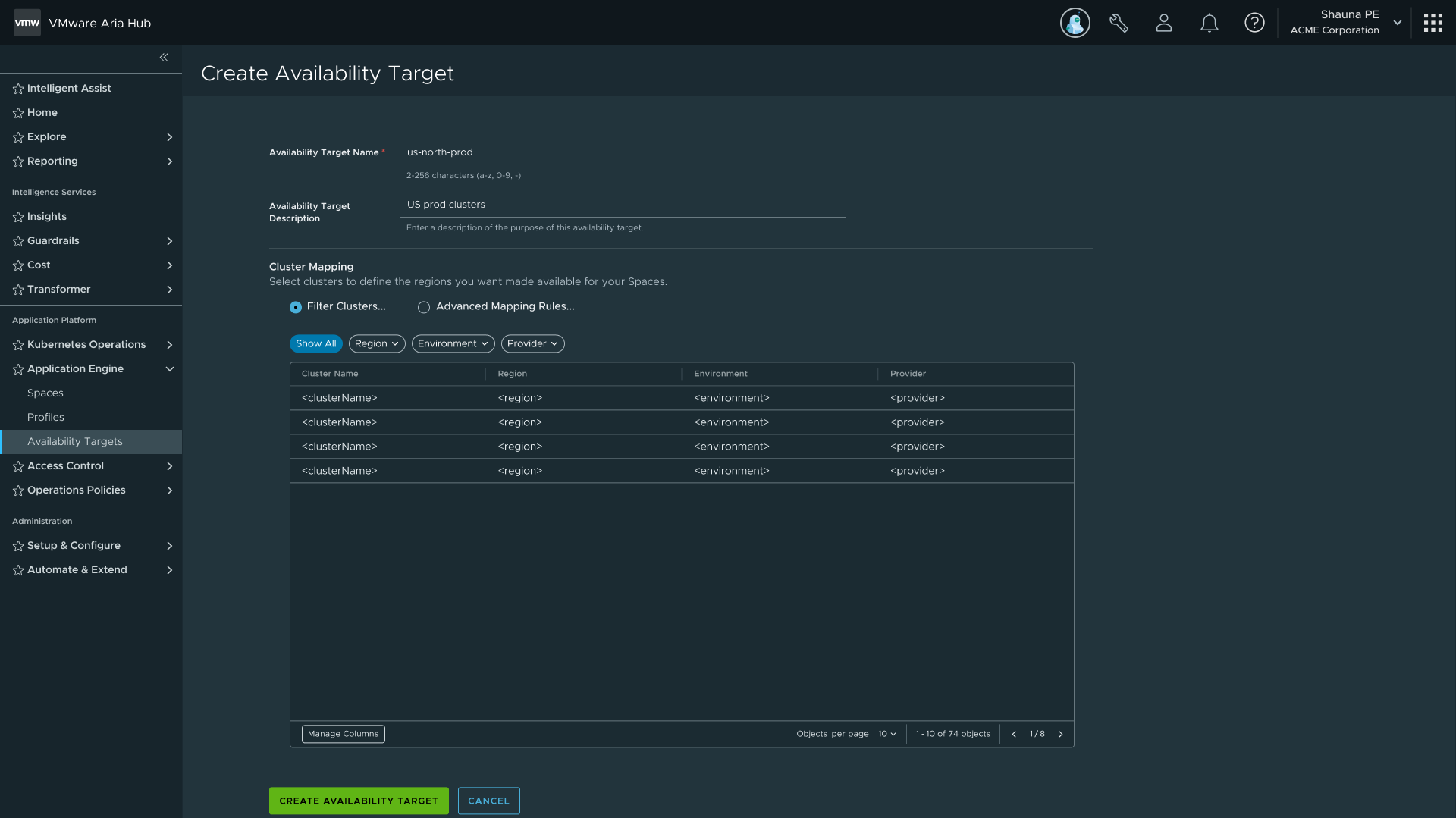 Cluster preview showing mapping rules
