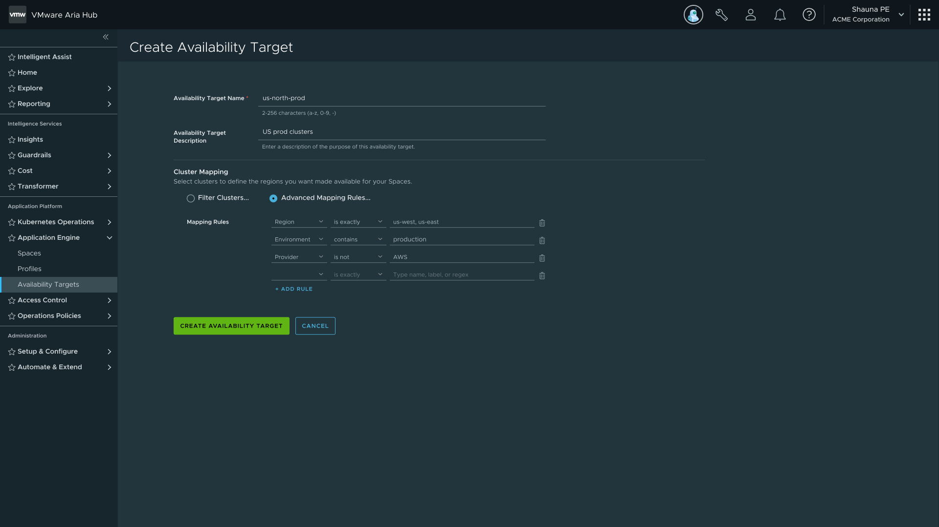Availability Target rule builder