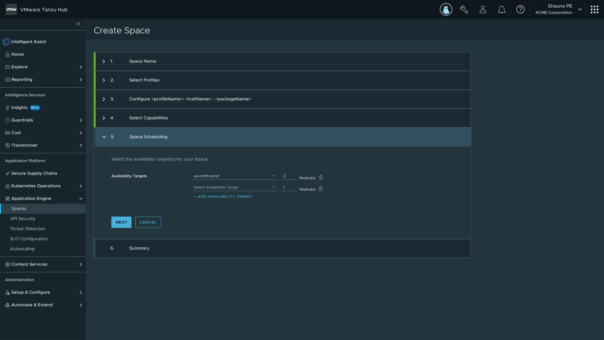 Create Space availability target selection