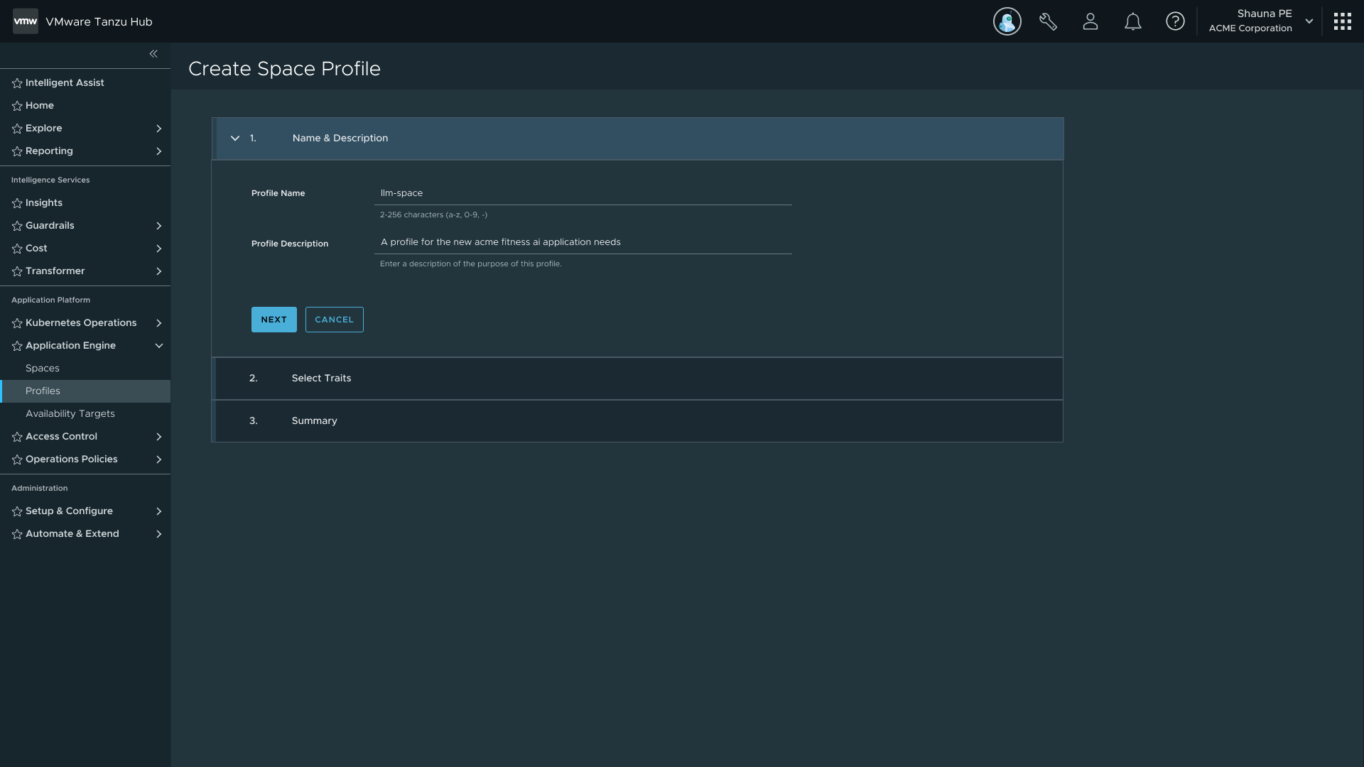 Create Profile guided stepper